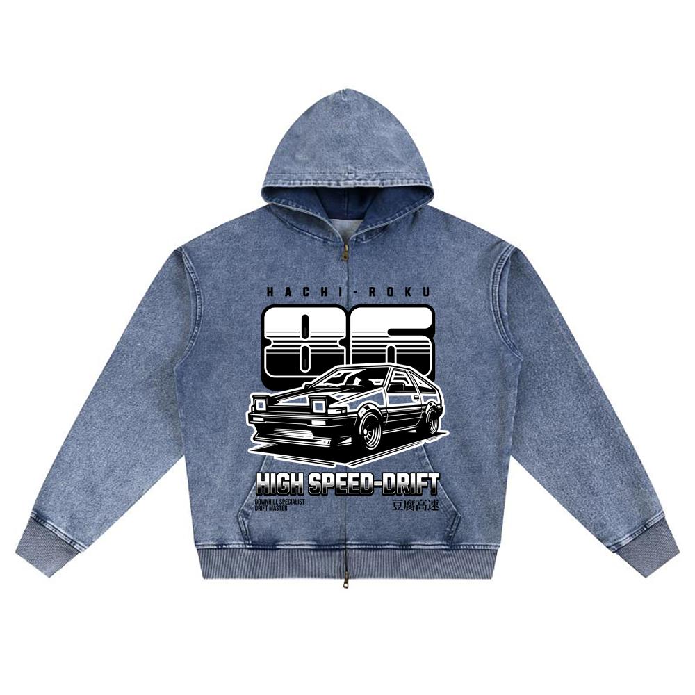DTG print Knitted Denim Zip-Up Hoodie Drift Master Brother Print Zipper Hoodies