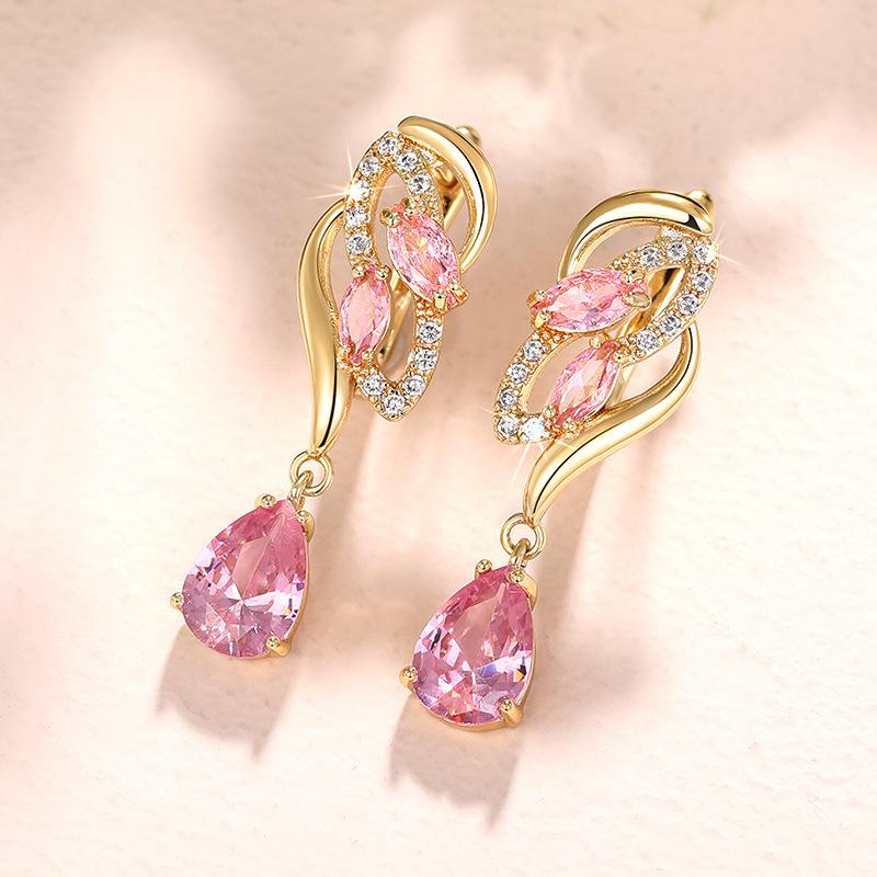 Twisted open frame pink marquise and teardrop stone dangle earrings pave clear stone clip drop ear rings for women wedding elegant jewelry
