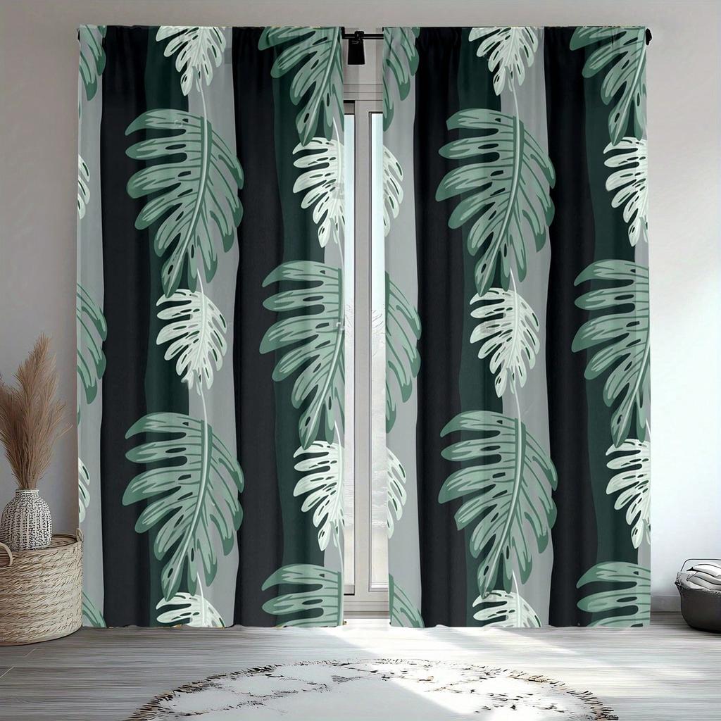 2pcs Tropical Plant Pattern Curtain   Dark Green And Gray Color   Fresh And Natural   Rod Pocket Design   Blackout And Heat Insulati