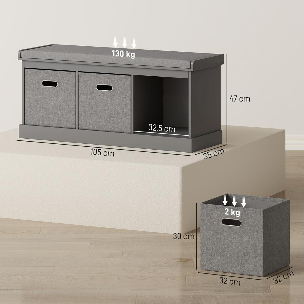 Three-Drawer Shoe Storage Bench, with Padded Top Seat - Grey