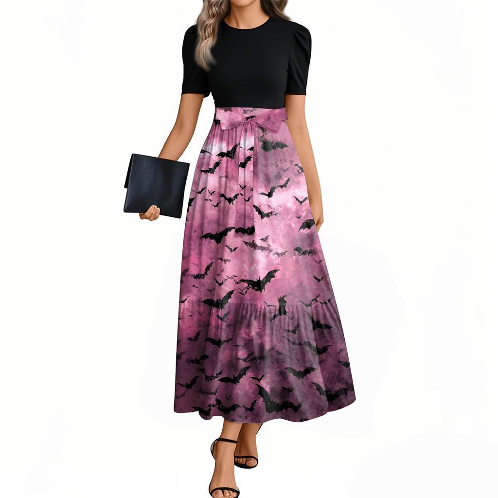 Women's Fashion Casual Belted Short Sleeve Round Neck Halloween Print Elegant Dress