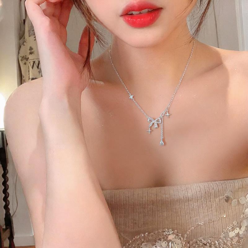 Elegant Zircon Bow & Water Drop Star Pendant Necklace - Fashionable Light Luxury Clavicle Chain for Women