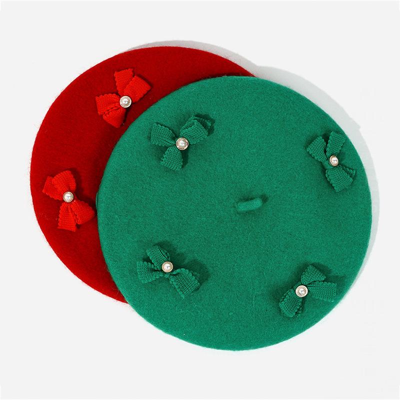 Women S Red Green Wool Beret With Pearl Bow Versatile Small Face Painter Hat