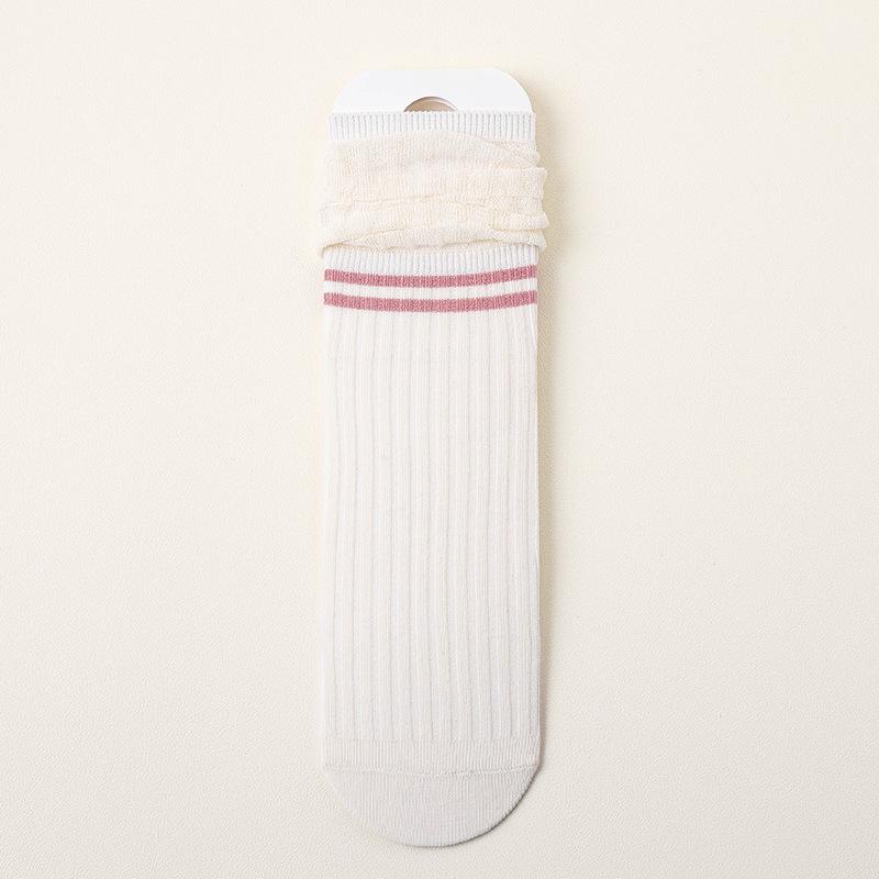 Summer Breathable Ruffle Socks - Sweat-Absorbing Seamless Mesh Mid-Calf Stripes (White) One Size