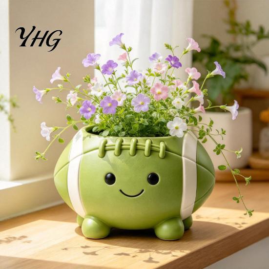 Creative Garden Ornament Rugby Ball Succulent Planter, Resin Small Flower Pot with Feet, Weatherproof Decor Cute Smiling Plant for Indoor Outdoor Home