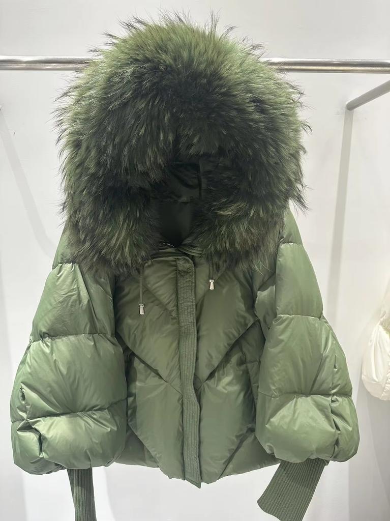 Giacca Invernale con Cappuccio e Collo in Pelliccia Naturale, Maniche a Lanterna, Calda Giacca Trapuntata da Donna, Corta, con Piuma d'Anatra Bianca, Capo d'Abbigliamento Esterno