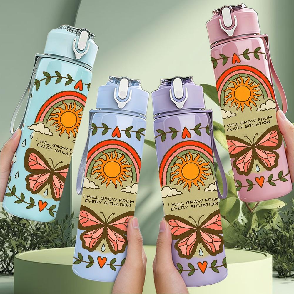 1PC Sun Butterfly Boho Retro Print 750ml Color Plastic Sports Water Bottle Leakproof Flip Straw Lid Suitable for Sports Office Home Use