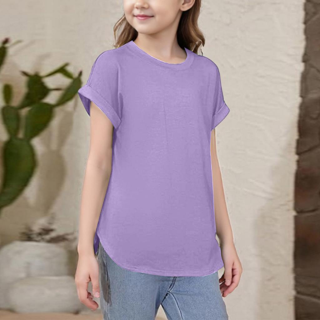 Girls Short Sleeve T Shirts Kids Crewneck Curve Summer Tees Hem Tops Sleeve T Shirts
