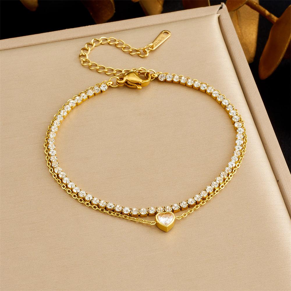 

Simple Versatile Rhinestone Eight-Pointed Star Heart Pendant Full Diamond Chain Double Layer Bracelet