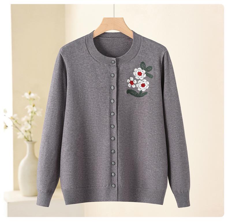 2026 Spring Embroidered Knit Sweater for Middle-aged & Elderly Women - Soft, Loose Button-up Top