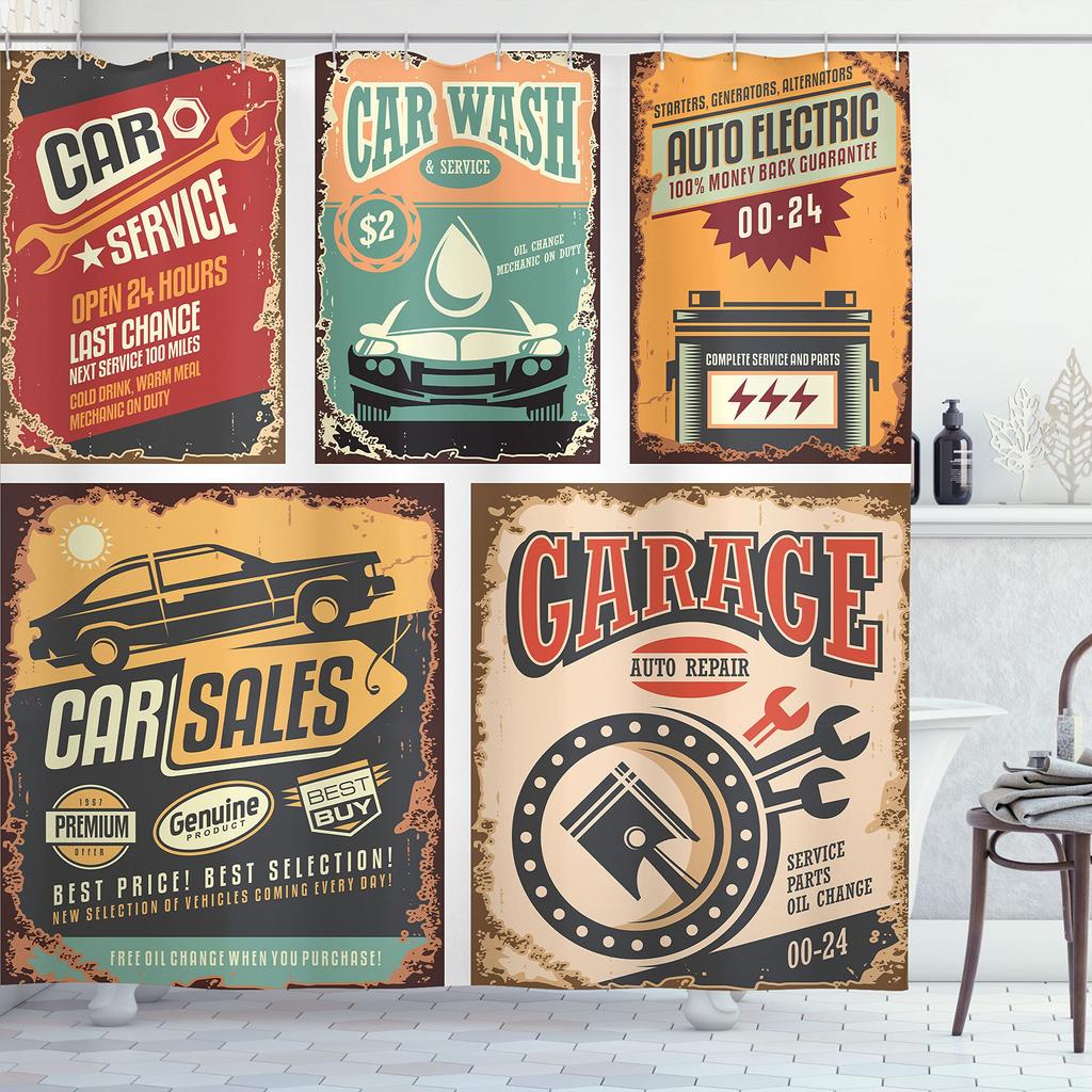 Vintage Car Shower Curtain,Nostalgic Car Garage Service And Repair Store Phrase Dated Faded Waterproof Fabric Bathroom Curtain