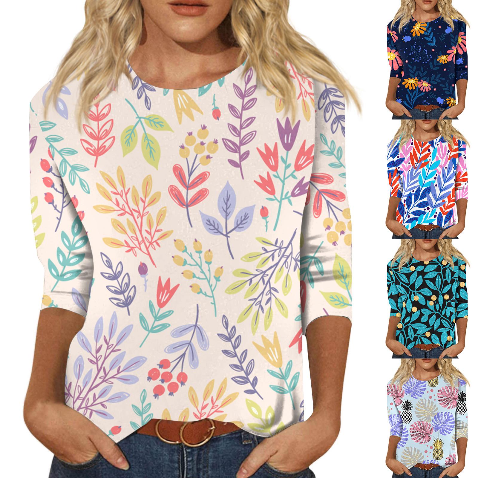 

Женская модная повседневная блузка с круглым вырезом и семиточечным рукавом с принтом