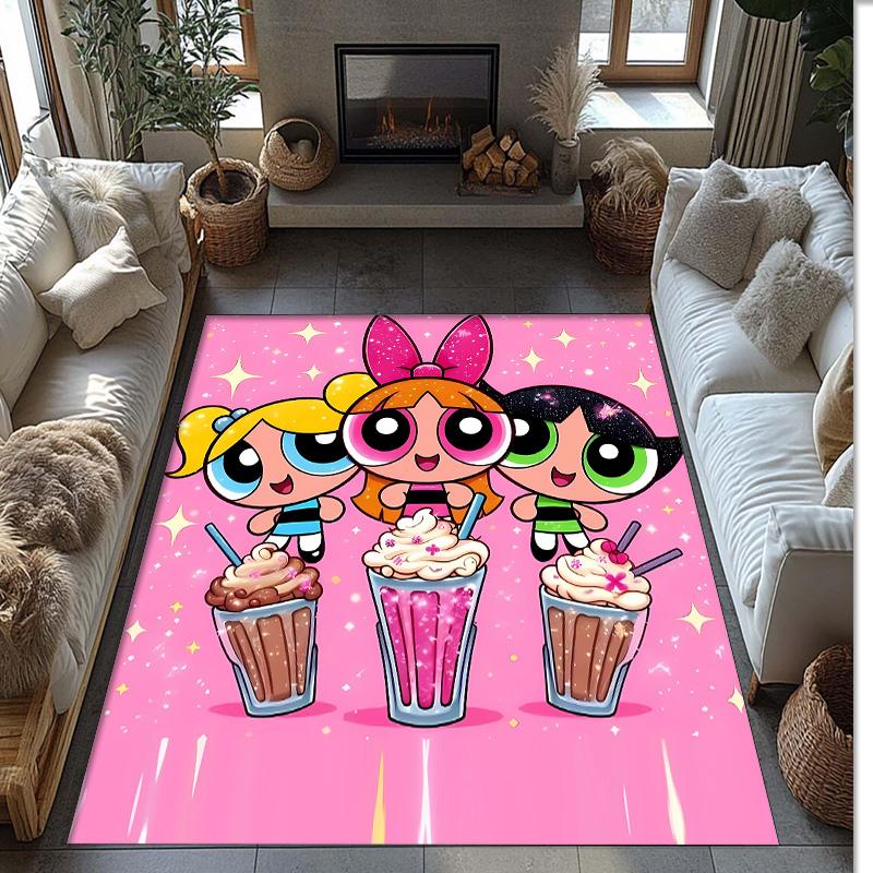 The Powerpuff Girls Printed Crystal Velvet Area Rug, Soft Anti-Slip Water Absorbent Floor Mat for Living Room Bedroom