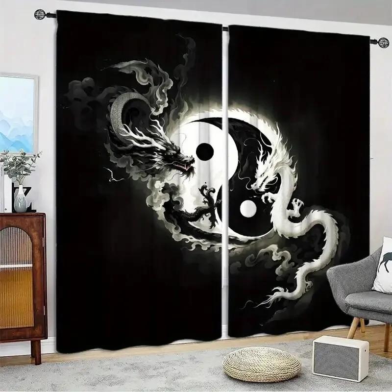 JIT 2pcs Dragon Yin Yang Printed Curtains   Blackout Rod Pocket Window Drapes   Home Decor   Living Room Bedroom Decor