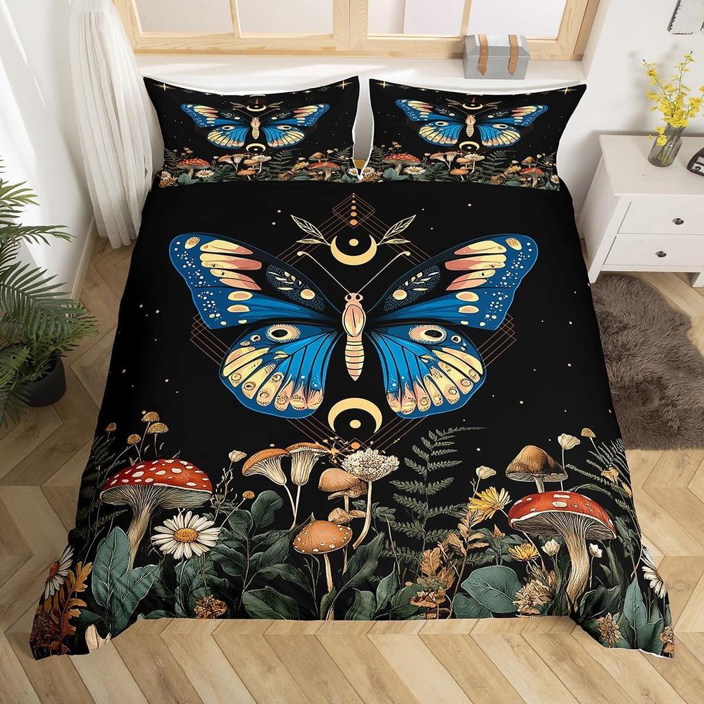 Boho Butterfly Duvet Cover Twin King,Star Moon Starry Sky Galaxy Bedding Set For Boy Girl,Cute Mushroom Daisy Flower Quilt Cover
