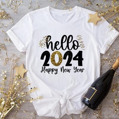 Hola 2024 Camiseta Estampada para Mujer Fiesta de Feliz Año Nuevo Conjunto Unisex Tops Ropa Casual de Invierno para Niñas