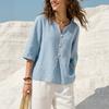 Solid-color Casual Loose V-neck Casual Button-down T-shirt for Women