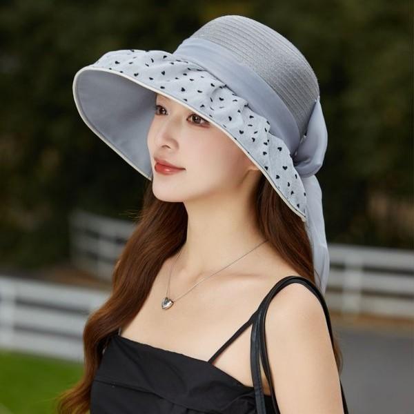 

Women s Summer Fashion Large Eave Sun Protection Hat Polka Dot Organza Bow Fisherman Style with Earflaps Adult 56-58cm сірий