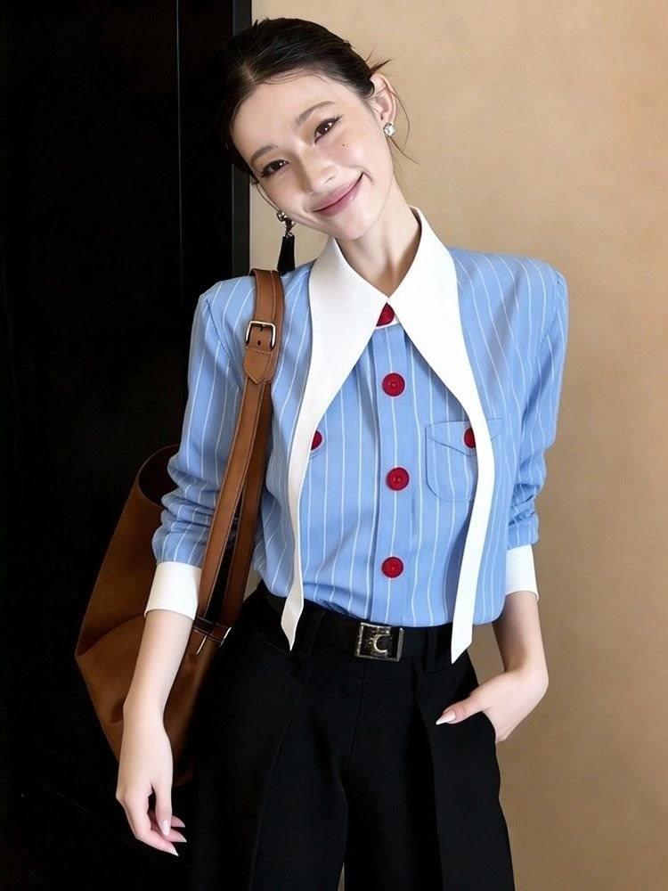Spring Blue Striped Shirt For Women With 3d Effect And Offshoulder Design