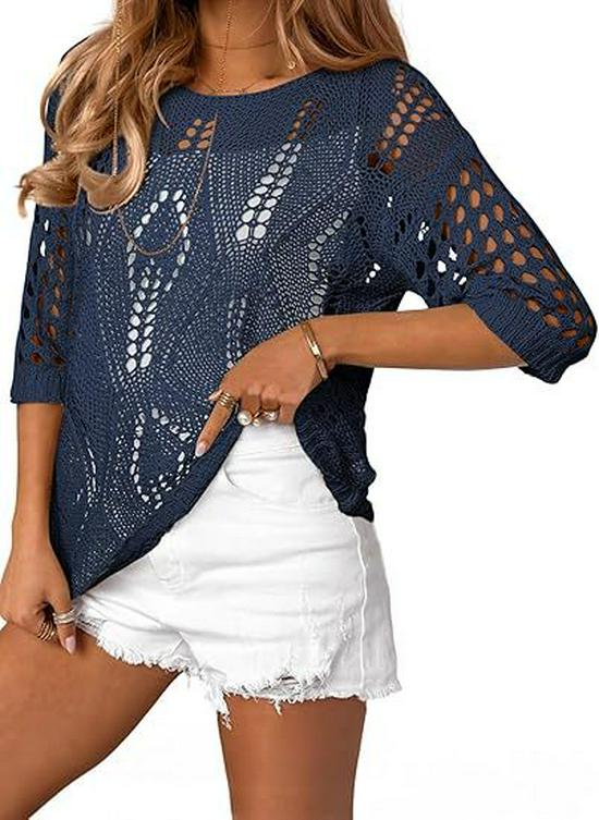 Women's Crochet Knit Hollow Short Sleeve Summer Top Beach Cover-Up