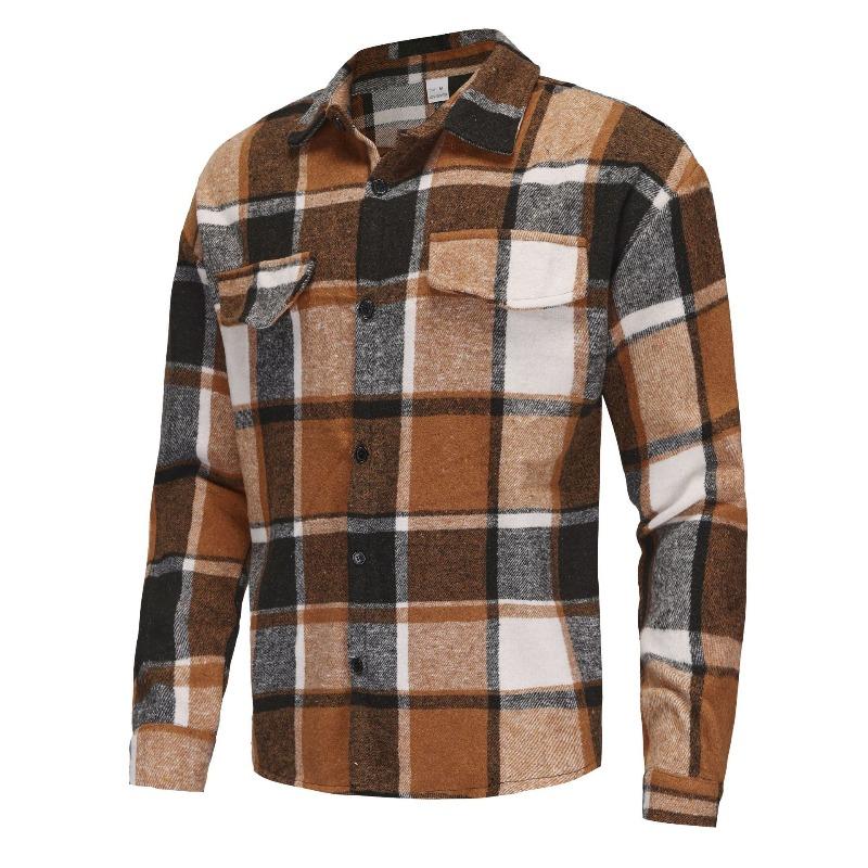 Men's Lapel Checkered Shirt Retro Brushed Casual Long-sleeved Jacket