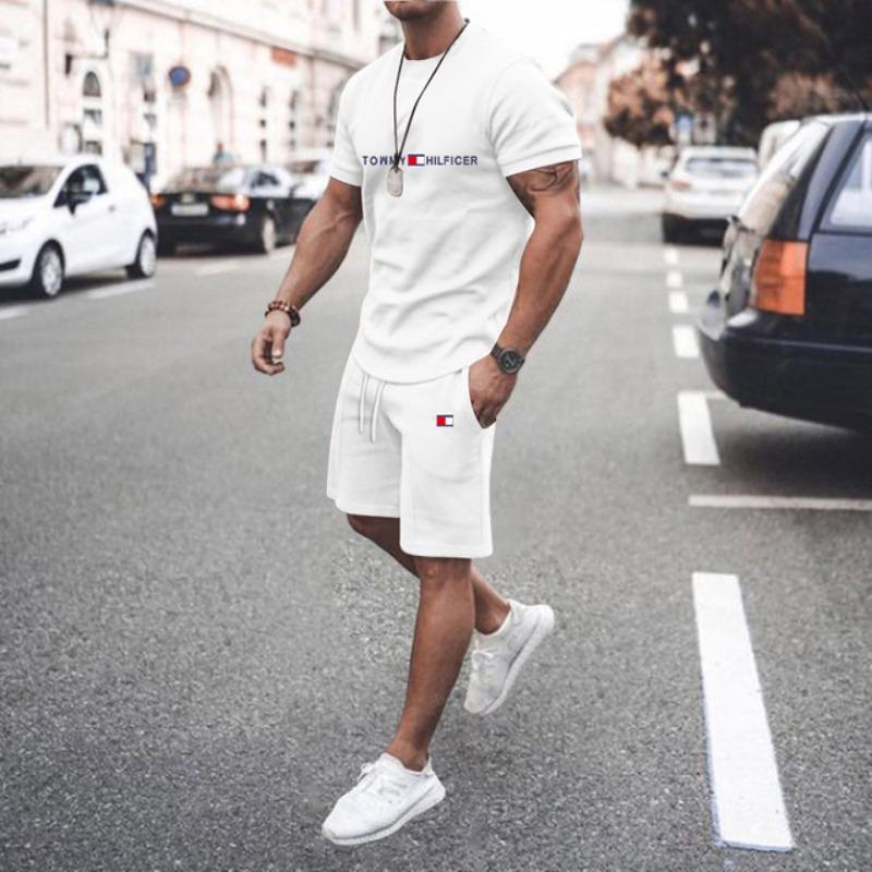 Set Sport Bărbați Două Piese Imprimat 3D Gât Rotund Tricou Model Colorat Imprimare cu Litere Casual Fitness Topuri cu Mânecă Scurtă Pantaloni Scurți