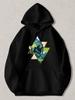 Black Pullover Hoodie with Geometric Bear And Mountain Landscape Print Unisex Casual Sweatshirt with Kangaroo Pocket for Outdoor W