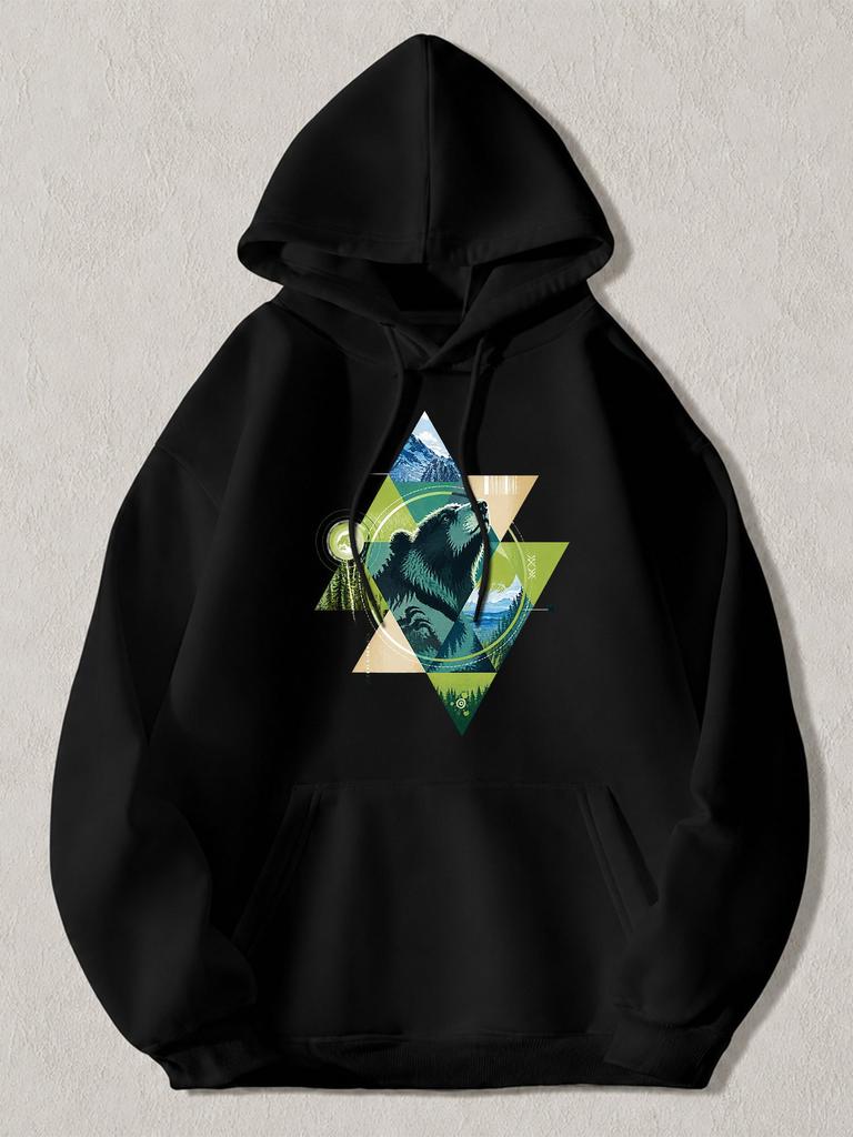 Black Pullover Hoodie with Geometric Bear And Mountain Landscape Print Unisex Casual Sweatshirt with Kangaroo Pocket for Outdoor W