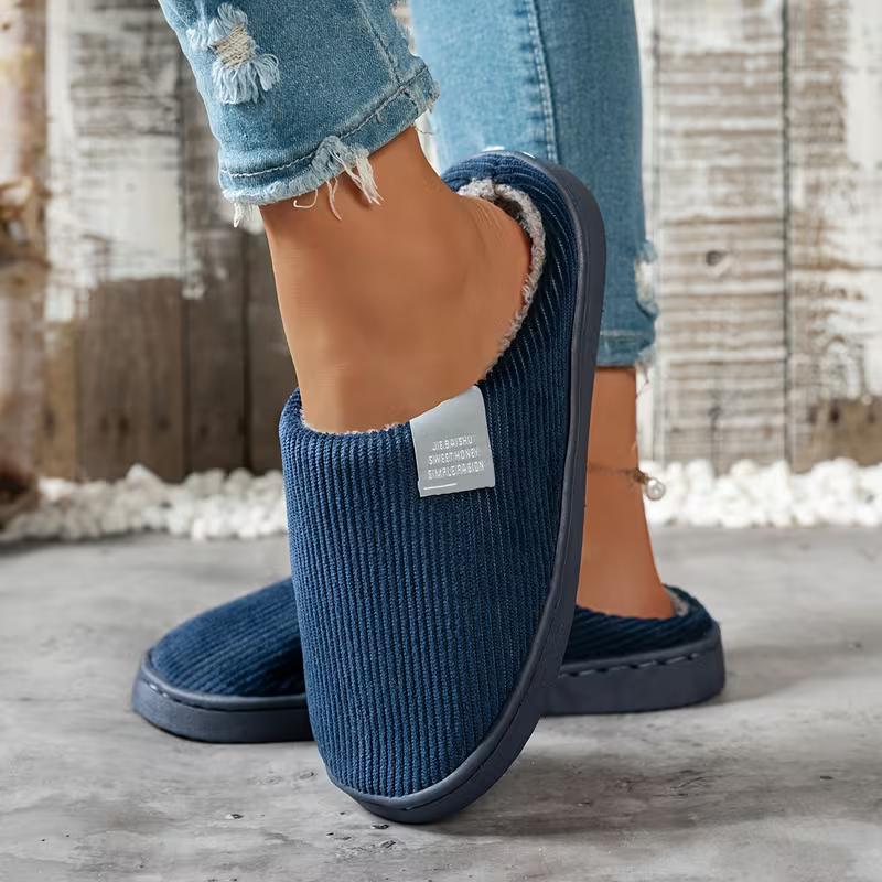 Damen Corduroy Seitliches Logo Winter Hausschuhe Rutschfest Warm Indoor Outdoor HausSchuhe Kleine Größe Empfehlen Eine Nummer Größer Bestellen