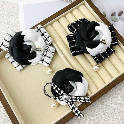 Retro Cloth Fabric Bow Black White Camellia Flower Brooches Lapel Pins For Women Shirt Badge Accessories