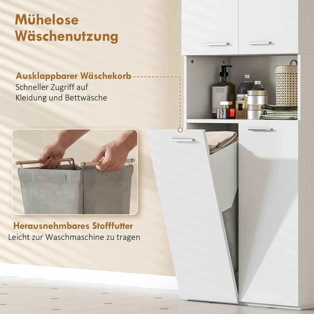174 cm tall bathroom cabinet with fold-out laundry basket and soft-close doors, white