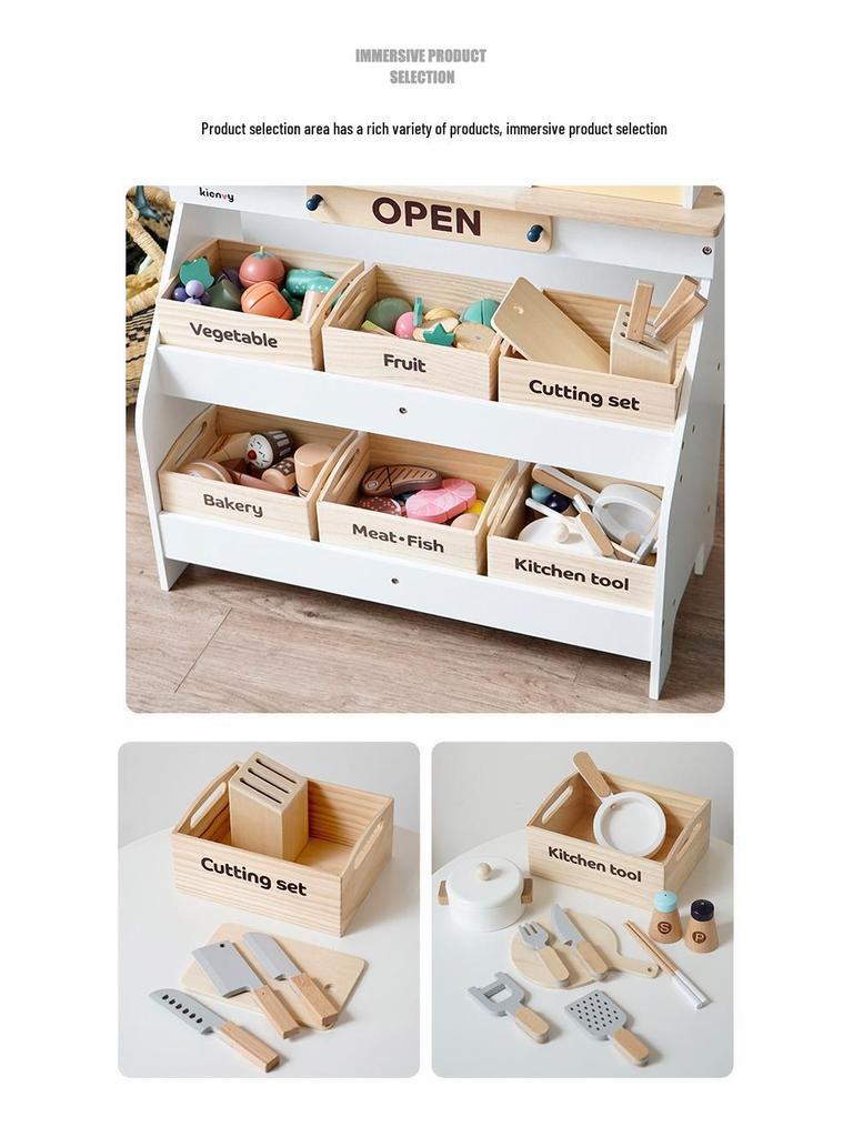 Wooden Playhouse Market Stall & Cash Register Toy for Kids' Supermarket Simulation