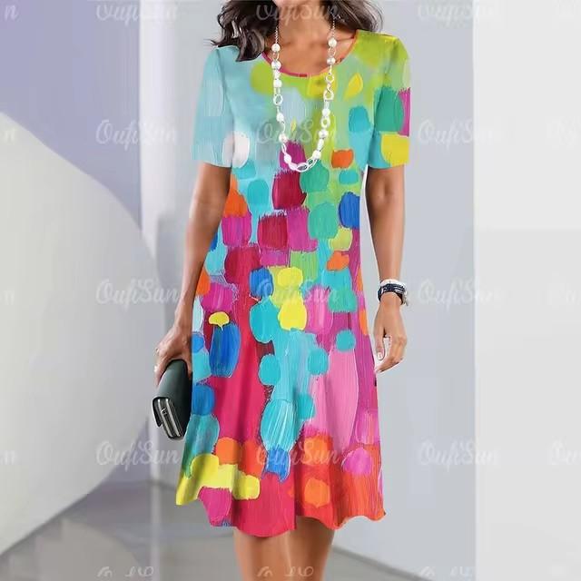 Women Vintage Short Sleeve 3d Print Midi Dress Comfortable Beach Dresses