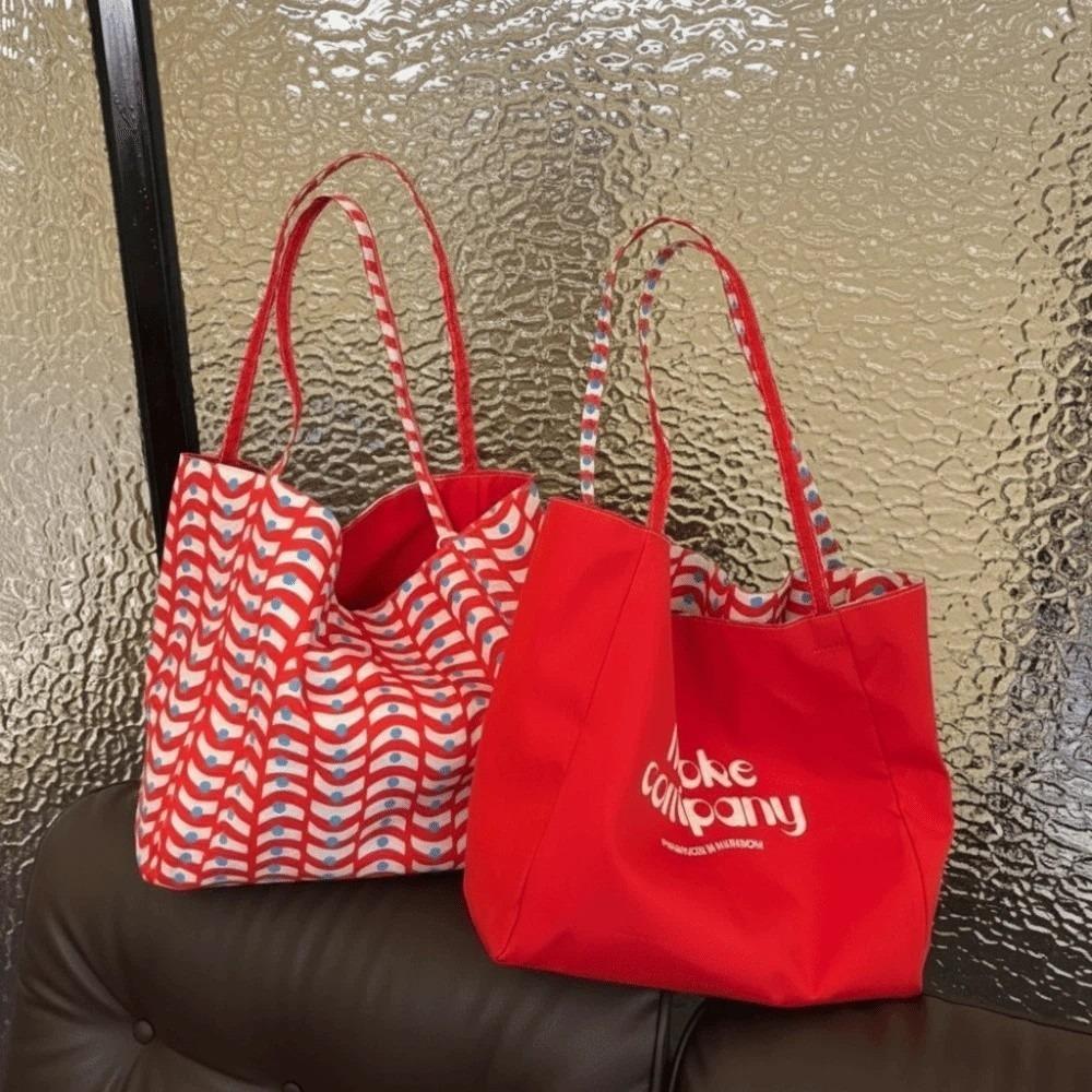 Large Capacity Double Sided Reversible Tote Bag Lightweight Nylon Handbag Casual красный