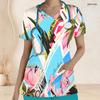 Women Plus Size Printed Nurse Scrub Top V Neck Short Sleeve With Front Pockets