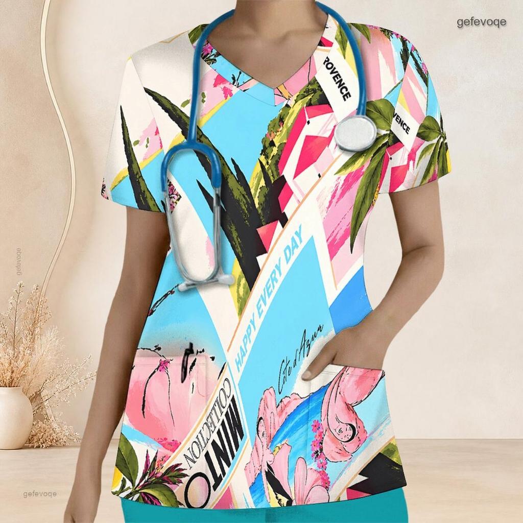 Women Plus Size Printed Nurse Scrub Top V Neck Short Sleeve With Front Pockets