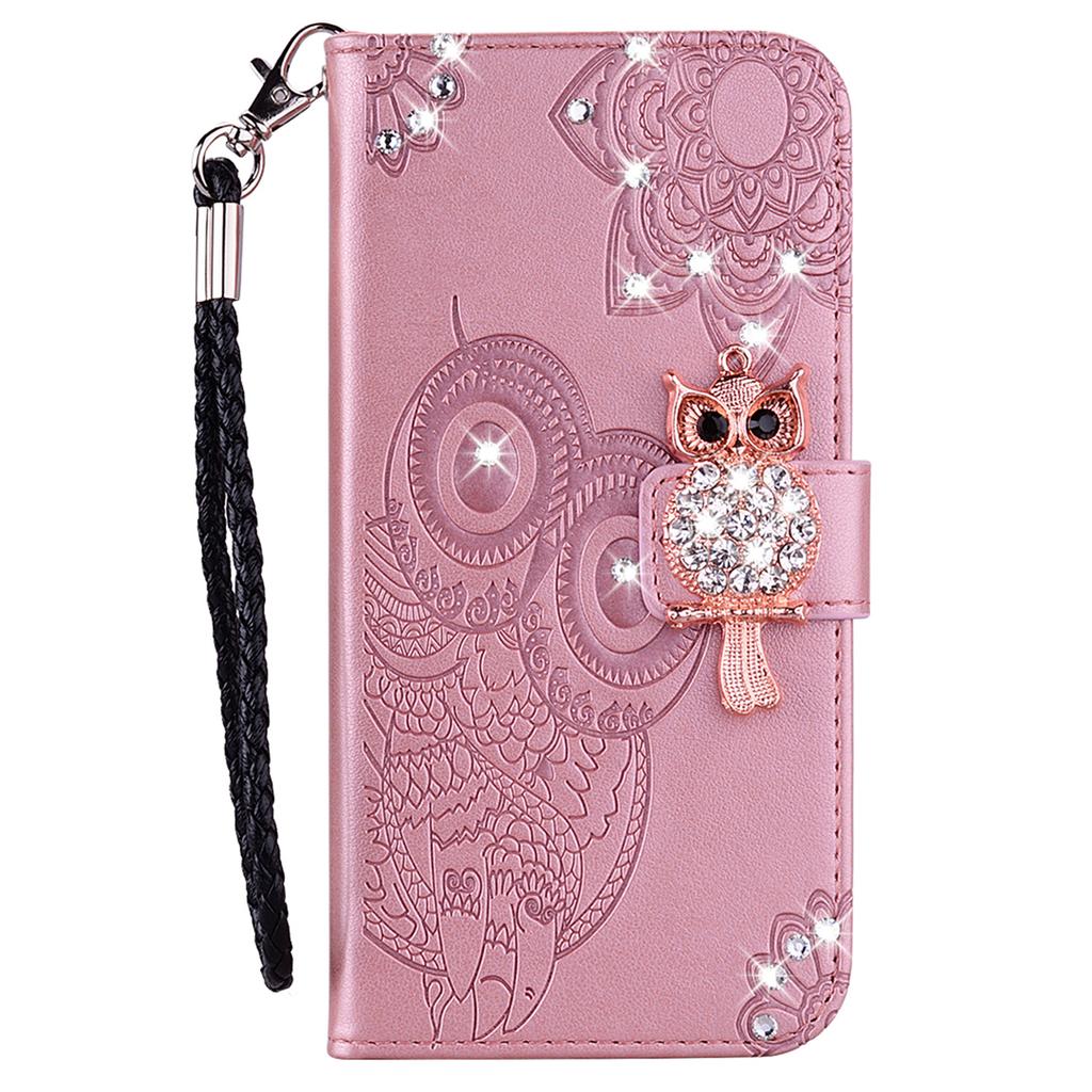 For Samsung Galaxy S24 Case Rhinestone Leather Phone Cover Owl Flower Pattern