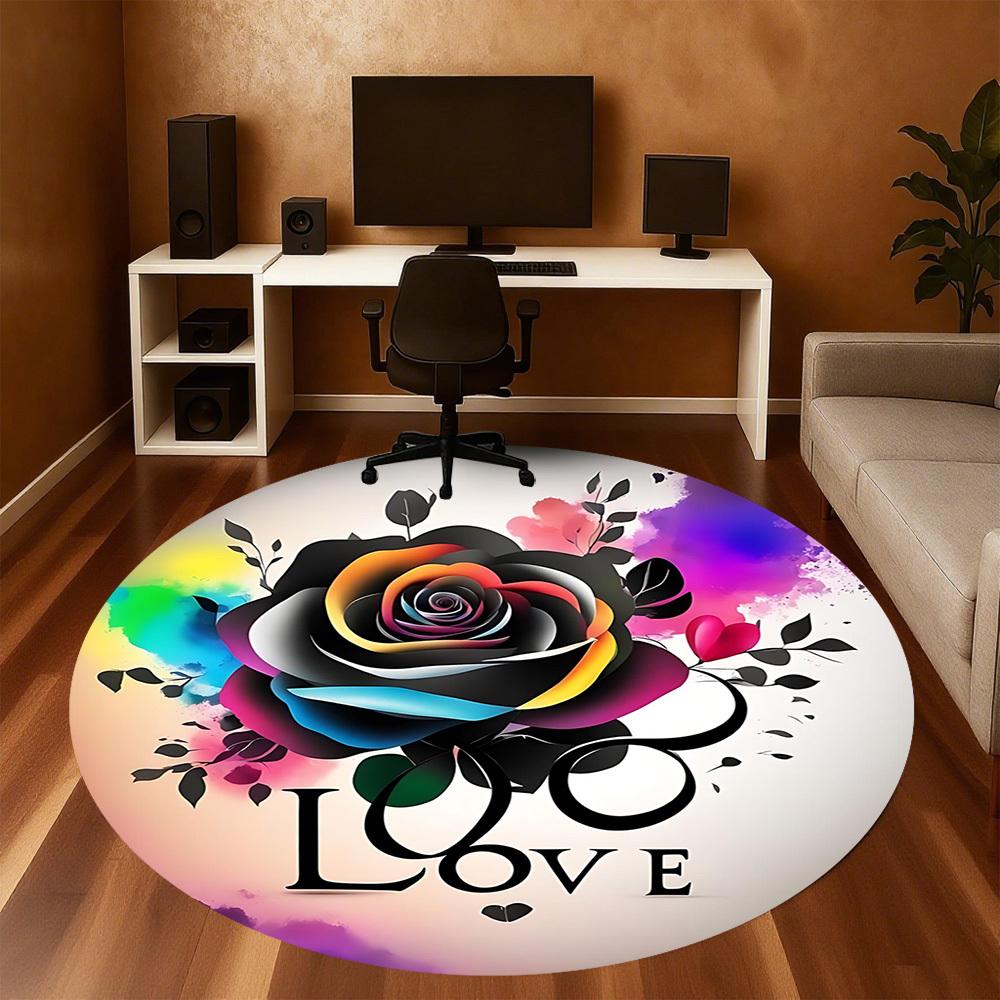 1pc Rose Love Round Chair mat office Area Rug - Non-Slip, Floor Mat for Office, Bedroom, and Indoor Decor p127137