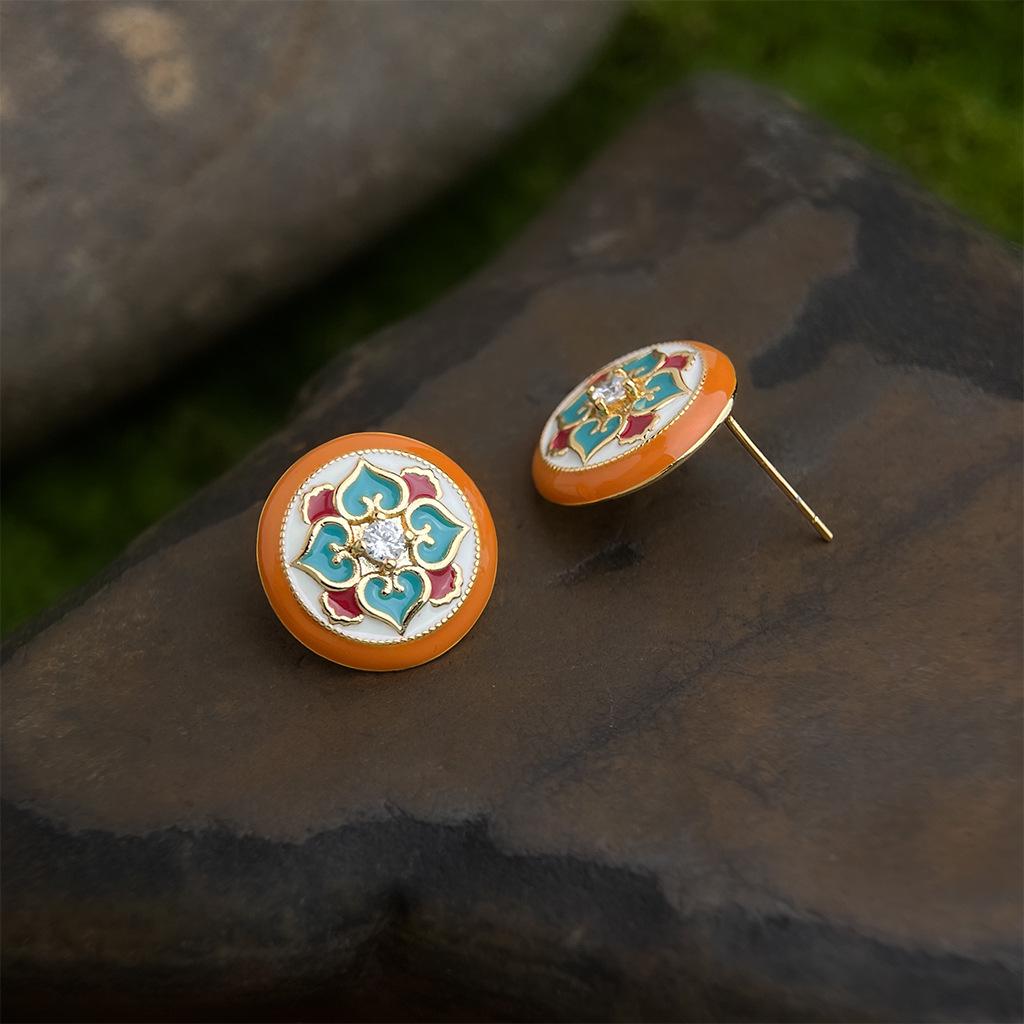 Vergoldete Retro Cloisonné Emaille Blumen Ohrstecker - Ethnisch Geometrisches High-End Design.