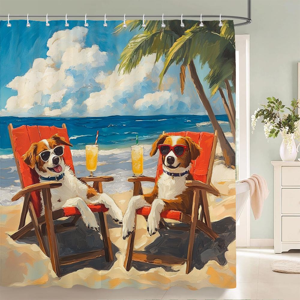 Funny and Creative Beach Cats and Dogs Fabric Shower Curtain Waterproof Polyester Bath Curtains for Bathroom Decorate with Hooks