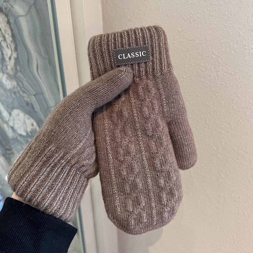 Velvet Thickened Warm Gloves Winter Men's Windproof and Cold-proof Woolen Knitted Double-layered Mittens for Students Outdoor Riding Trend