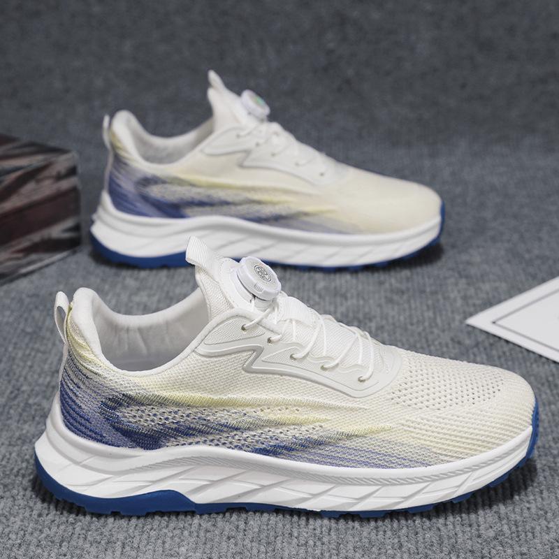2024 Summer New Rotating Button Strap-free Platform Sneakers Fashionable Fly-woven Breathable Running Men's Shoes