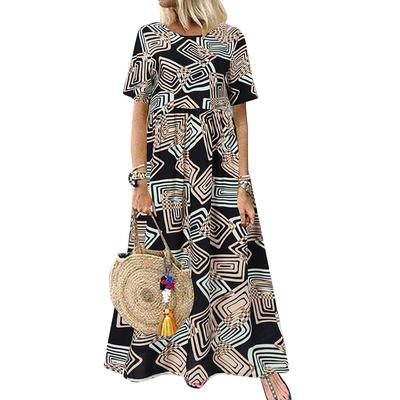 Women O-neck Short Sleeve Summer Geometric Printed Loose Long Dress