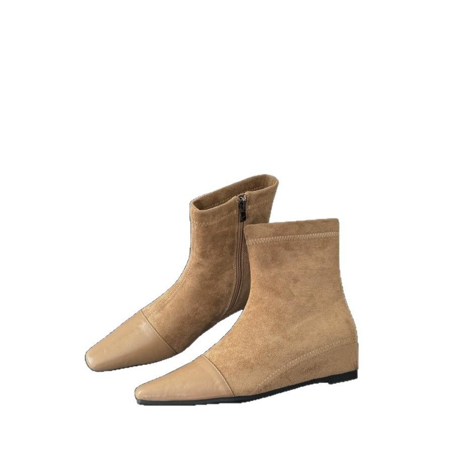 French splicing square head thick heel short boots women's 2025 autumn and winter new suede temperament medium heel thin boots socks boots women's