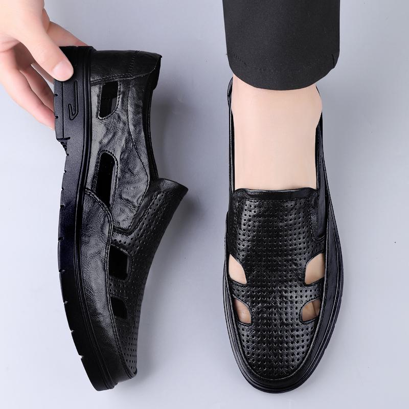 2024 Brand Men's New Breathable Soft Soled Leather Shoes Fashion Outdoor Men's Round Head Hollow Comfortable Light Leather Shoes
