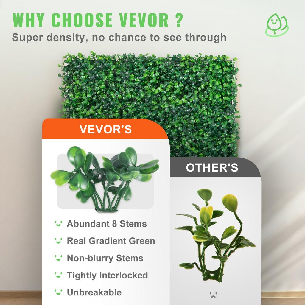 VEVOR Artificial Boxwood Panel UV 24pcs Boxwood Hedge Wall Panels Artificial Grass Backdrop Wall 20" X 20" 4 Cm Green Grass Wall Fake Hedge