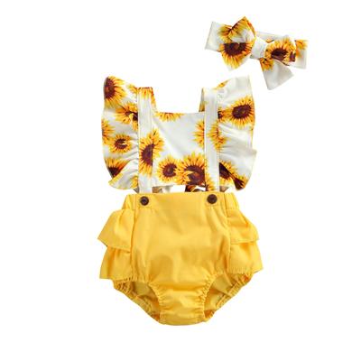 Kinder-Bodysuit mit Stirnband, Sonnenblumen-Print, quadratischer Kragen, Schlitzärmel, ausgehöhlter Strampler + Haarband, 0–24 Monate
