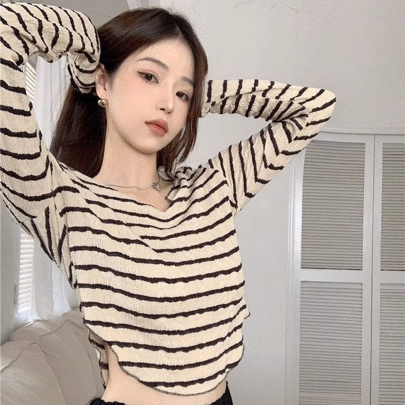 

Асимметричная футболка с V-образным вырезом и длинным рукавом в полоску для женщин, осень/зима, приталенный дизайн, базовый слой, короткий топ XL