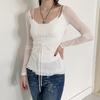 Spicy Girl Mesh Patchwork White Two-Piece Style Ruffle Trim Sheer Long Sleeve Top
