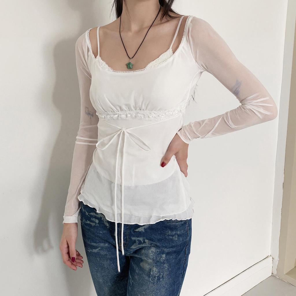 Spicy Girl Mesh Patchwork White Two-Piece Style Ruffle Trim Sheer Long Sleeve Top
